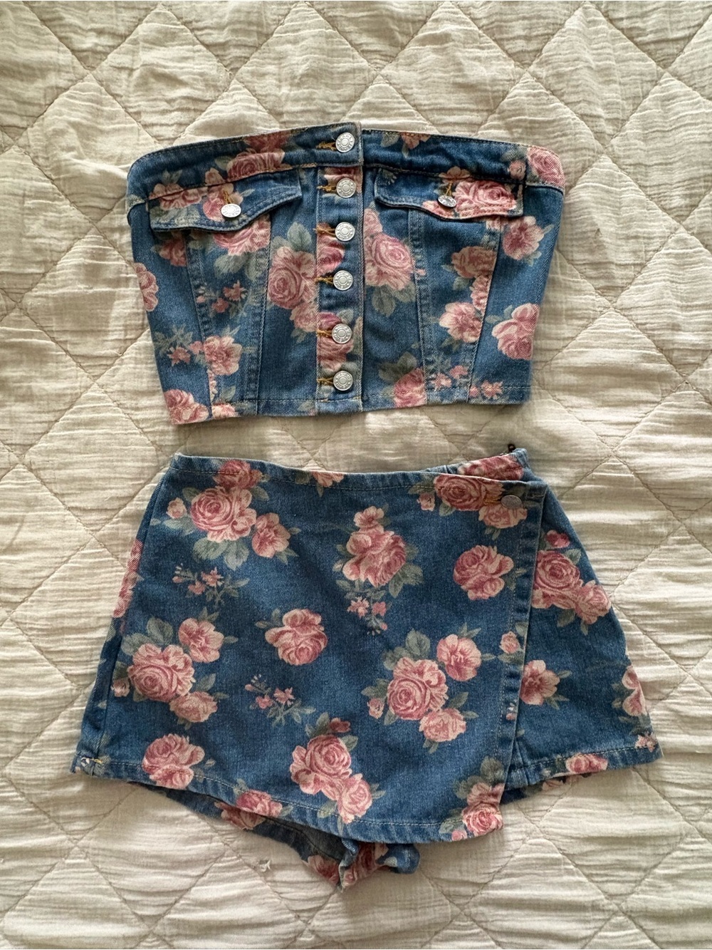 Denim Floral Wrap Skort - Blue with Pink Roses